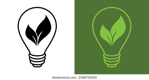 Electric light bulb with a green leaf. Energy saving symbol. Green energy and eco-friendly sources logo concept. World Environment Day. Energy icon with a green leaf