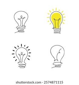 Electric light bulb is hand-drawn with one line, graphic illustration, doodle, vector. A set of different sources of light, energy, and ideas. Decorative element for design, decorations, labels.