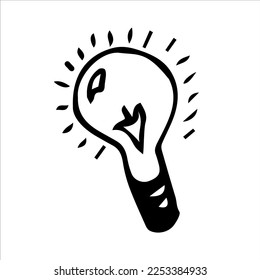Bombilla eléctrica. Icono, plantilla, logotipo, esbozo. Ilustración en blanco y negro con vector dibujado a mano.
