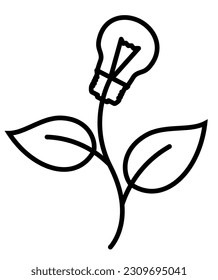 Electric light bulb illuminated on stem of plant with leaves. Eco idea metaphor. Eco energy icon. Editable Stroke. Vector illustration