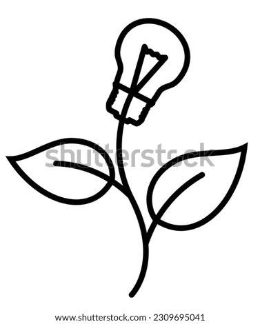 Electric light bulb illuminated on stem of plant with leaves. Eco idea metaphor. Eco energy icon. Editable Stroke. Vector illustration