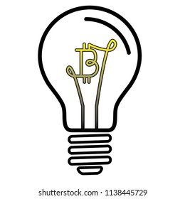 Electric Light Bulb Lamp with Bitcoin currency symbol. Concept of bright idea. Linear vector illustration with editable line