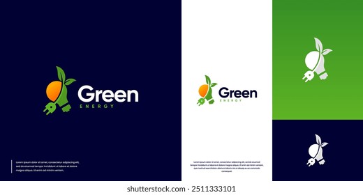 Lâmpada elétrica e logotipo da folha, energia renovável e sustentável, modelo de design gráfico.