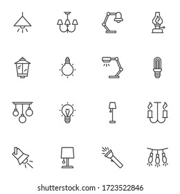 Electric light bulb line icons set, outline vector symbol collection, linear style pictogram pack. Signs, logo illustration. Set includes icons as ceiling chandelier, desk lamp, lantern, flashlight
