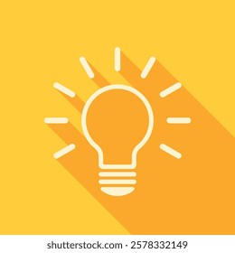 Electric light bulb with long shadow on yellow background. Minimalist vector line icon.