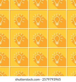 Electric light bulb with long shadow on yellow background. Vector seamless pattern.