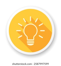 Electric light bulb with long shadow on yellow background. Round vector icon.