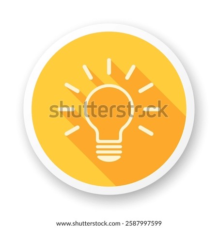 Electric light bulb with long shadow on yellow background. Round vector icon.