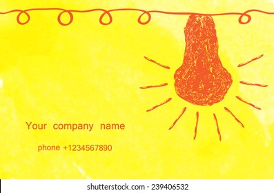 electric light bulb on a yellow background.the original layout of a business card made using elements drawn watercolor. 