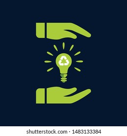 Electric light bulb in the palms, environment icons with human hands recycle green, white. isolated on blue background with shadow. Vector illustration