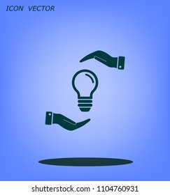 Electric light bulb in the palms, vector icon.