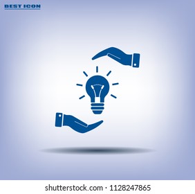 Electric light bulb in the palms, vector icon.