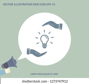 Electric light bulb in the palms, vector icon.