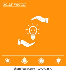 Electric light bulb in the palms, vector icon.