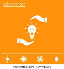 Electric light bulb in the palms, vector icon.
