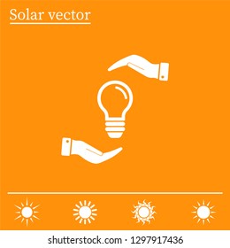 Electric light bulb in the palms, vector icon.