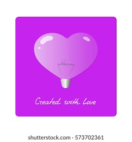 Electric light bulb in shape of heart. Realistic purple lamp with the word idea inside. Greeting Card Valentine's Day. Inspiration concept. Handwriting Created with love