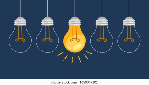 Electric light bulb, symbol of innovation and good ideas vector illustration. One lighted bulb among extinct on dark blue background. Generating ideas poster. Invention and solution cocept.