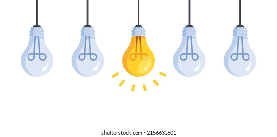 Electric light bulb, symbol of innovation and good ideas. One lighted bulb among extinct on dark. Generating ideas poster. Invention and solution concept. Flat style vector illustration.