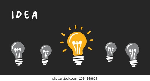 Electric light bulb, symbol of innovation and good ideas vector illustration. One lighted bulb among extinct on dark blue background.