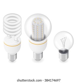 Electric light bulbs isometric icon set vector graphic illustration