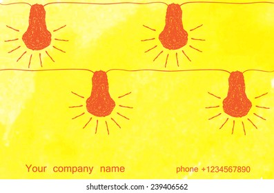 electric light bulbs on a yellow background.the original layout of a business card made using elements drawn watercolor 