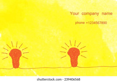 electric light bulbs on a yellow background.the original layout of a business card made using elements drawn watercolor 