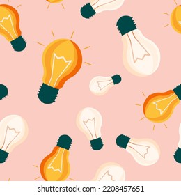 Electric light bulbs. Seamless cute pattern with pink background. Vector.