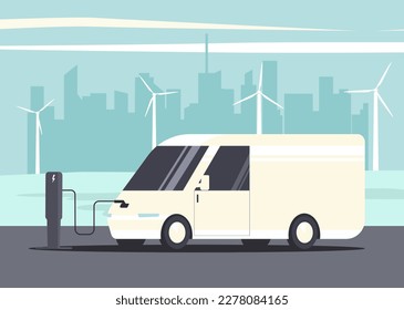 Electric light commercial van charging on abstract cityscape background. Vector illustration.