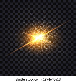 Electric light flash effect. Electrical discharge shock burst with glowing rays and sparks. Isolated on transparent background. Vector illustration