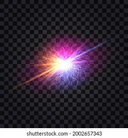 Electric light flash effect.  Electrical discharge shock burst with colorful glowing rays and sparks, pink and purple shine light. Isolated on transparent background. Vector illustration