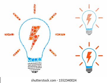 Electric light mosaic of rough elements in variable sizes and color tints, based on electric light icon. Vector tremulant elements are organized into mosaic.