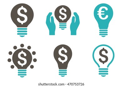 Electric Light Price vector icons. Pictogram style is bicolor grey and cyan flat icons with rounded angles on a white background.