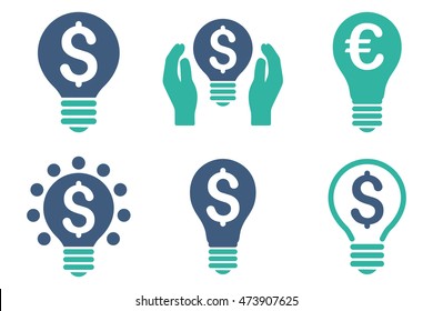 Electric Light Price vector icons. Pictogram style is bicolor cobalt and cyan flat icons with rounded angles on a white background.