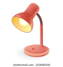 Electric light of red table lamp 3D icon. Desk lamp with stand and bulb in lampshade for office work, study at home 3D vector illustration on white background. Electricity, desktop equipment concept