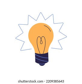 Electric lightbulb, glowing lamp. Lit light bulb, symbol of creative idea, solution, inspiration. Innovation, creativity, discovery concept. Flat vector illustration isolated on white background