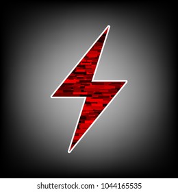 Electric lighting bolt icon. Flash. Vector. Icon with white contour and texture from red rectangles at grayish background.