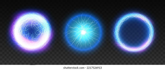 Electric lightning ball energy magic effect burst sphere. Vector power lightning energy magic glow circle