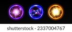 Electric lightning ball with thunder energy vector effect. Magic circle sphere with plasma lightening spark. 3d realistic yellow, blue and purple blast charge globe element. Neon discharge shock