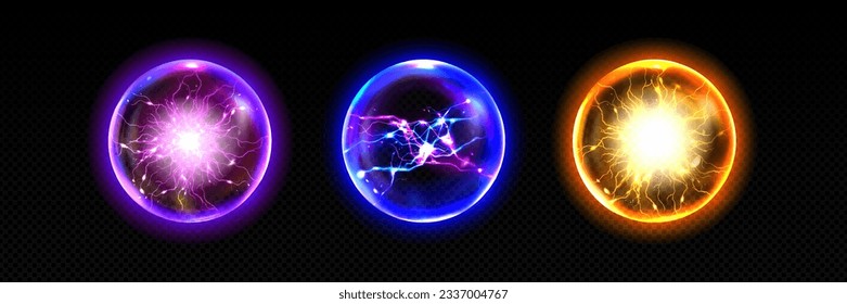 Electric lightning ball with thunder energy vector effect. Magic circle sphere with plasma lightening spark. 3d realistic yellow, blue and purple blast charge globe element. Neon discharge shock