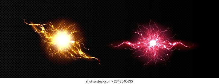Electric lightning balls, energy burst effect with light bolt. Abstract power explosion with flashes and sparkles isolated on transparent background, vector realistic set
