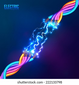 Electric lightning between colored cables, vector illustration