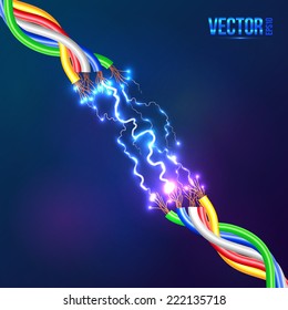 Electric lightning between colored cables, vector illustration