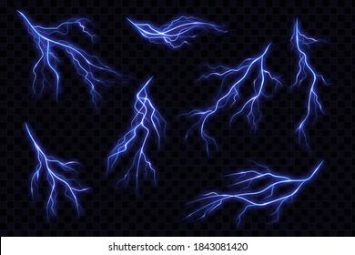 Electric lightning bolt. Energy effect. Magical and bright lighting effects. Flaming lightning strike in the dark. Electrical discharge, blue and yellow bursts of energy explosion. Vector illustration