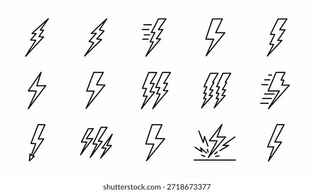 Raio elétrico e conjunto de ícones de energia, incluindo flash strike, potência do raio, símbolo de carregamento, choque elétrico e ícones de tensão de movimento rápido