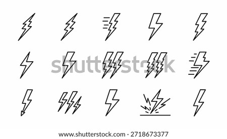 Electric lightning bolt and energy icon set, including flash strike, thunderbolt power, charging symbol, electric shock, and fast motion voltage icons