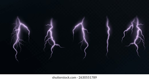 Electric lightning bolts in glowing purple style on dark transparent background. Perfect for energy effects, fantasy powers, and game animation visuals.	