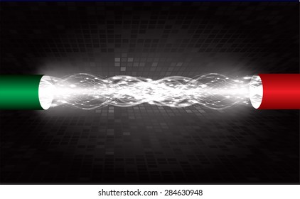 Electric lightning cables. black background with intense glowing sparkles and glitter. light.Electricity, power,bolt.Technology background for computer graphic website internet .circuit. ray aura beam