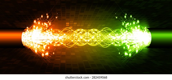 Electric lightning cables. dark orange green background with intense glowing sparkles and glitter. light. Electricity, power, bolt. Technology background for computer graphic website internet .circuit