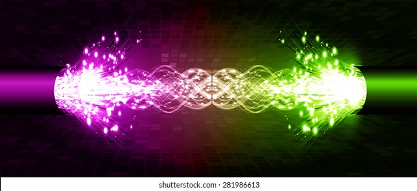 Electric lightning cables. dark purple green background with intense glowing sparkles and glitter. light. Electricity, power, bolt. Technology background for computer graphic website internet .circuit